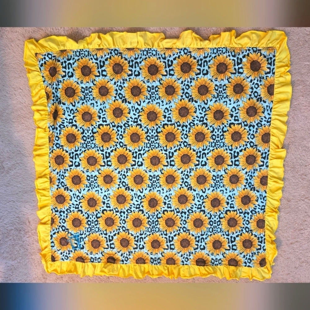 "Wyoming Raised" Sunflower Print Baby Blanket with Yellow Ruffle Square
